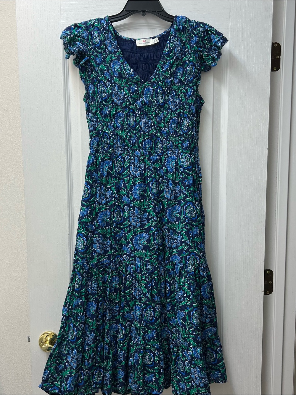 Vineyard Vines Blue Green Floral Floral Smocked Midi Dress Sz Med